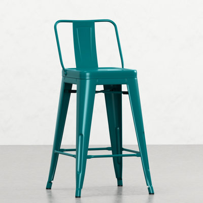Tabourets de comptoir en métal (4) - Industriel moderne avec capuchons en plastique sur pieds bleu sarcelle 24 po (4), bleu, attrait contemporain, dossier incurvé pour la détente, repose-pieds facile, entretoise en croix très stable