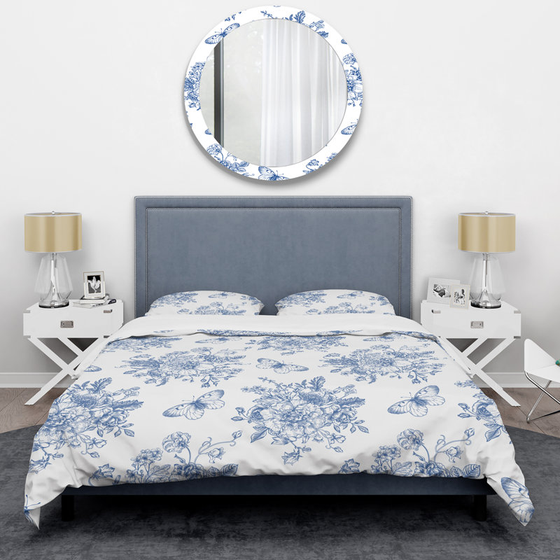 Fleurs bleues et papillons bleus II - ensemble de housse de couette floral - microfibre de polyester