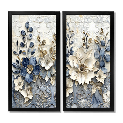 «Blue Floral Abstract Tiles - Flowers Wall Art Decor», ensemble de 2 fleurs dorées