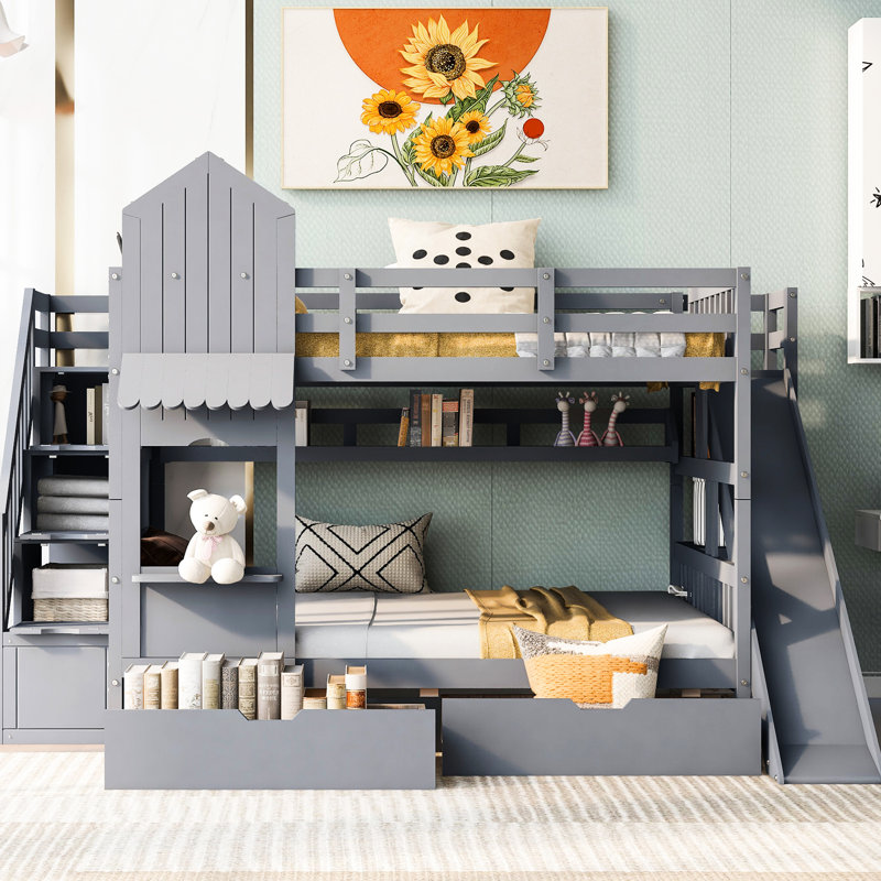 Lit superposé gris avec glissoire, tablettes et tiroirs, structure en bois massif pour un soutien gris, taille 2 3 Design unique