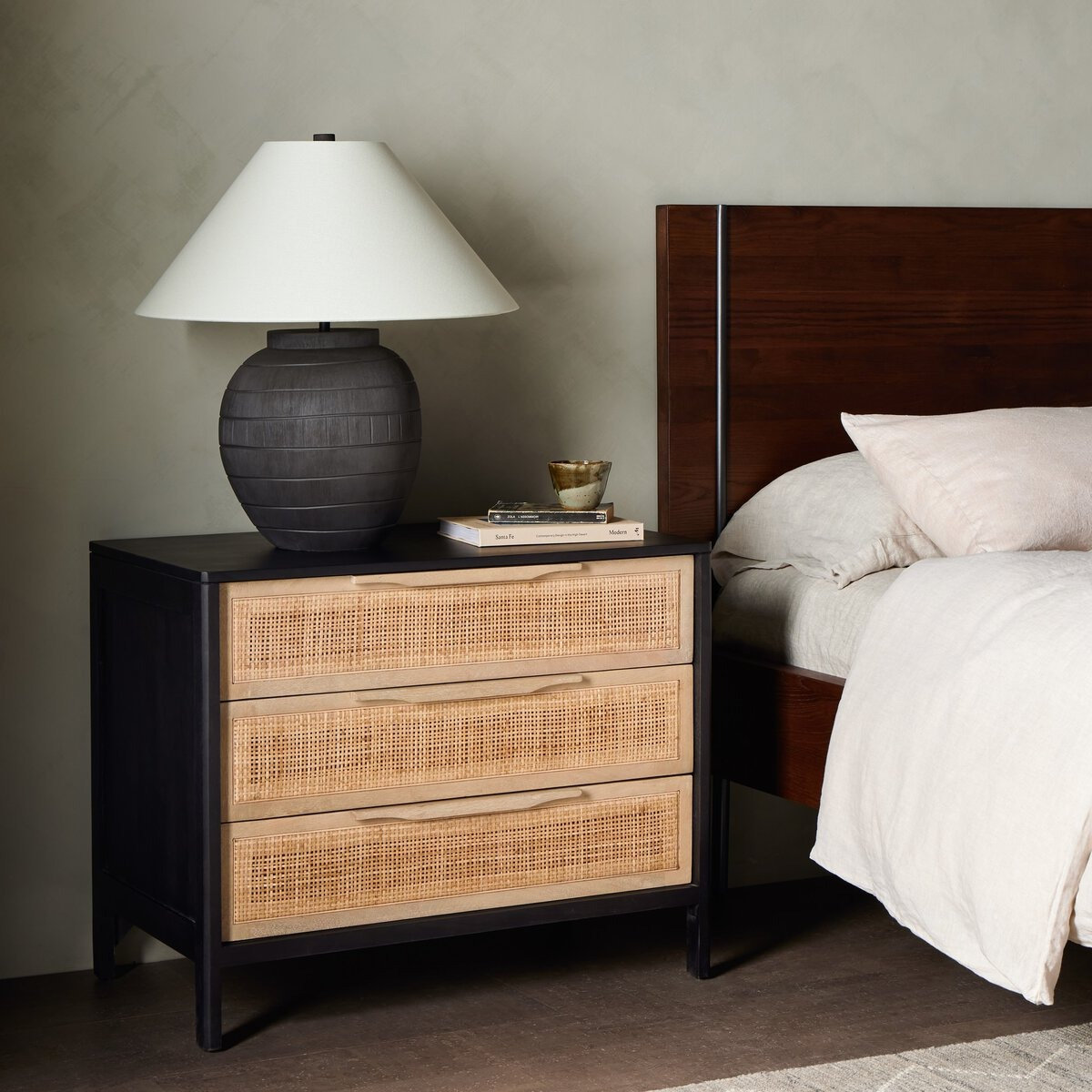 Nellie 3-Drawer Cane Chest, Black/Natural