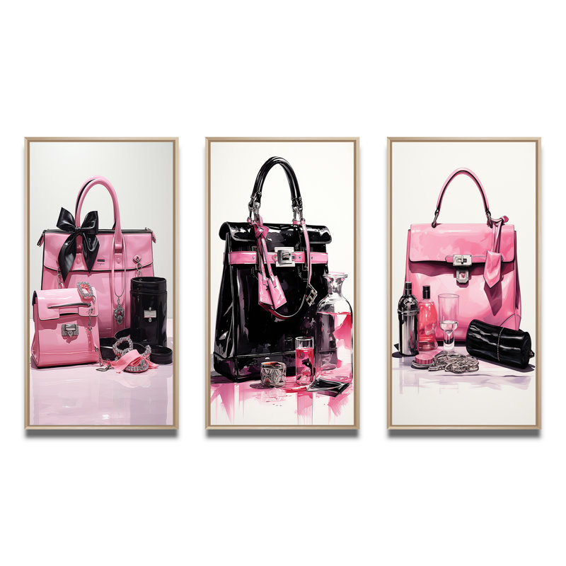 «Pink Fashion Bag Glamour», 3 pièces sur toile, Encadré naturel, H 32 po x l 48 po