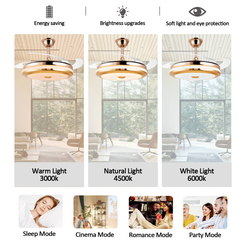 Ventilateur de plafond rétractable avec lumière DEL et télécommande