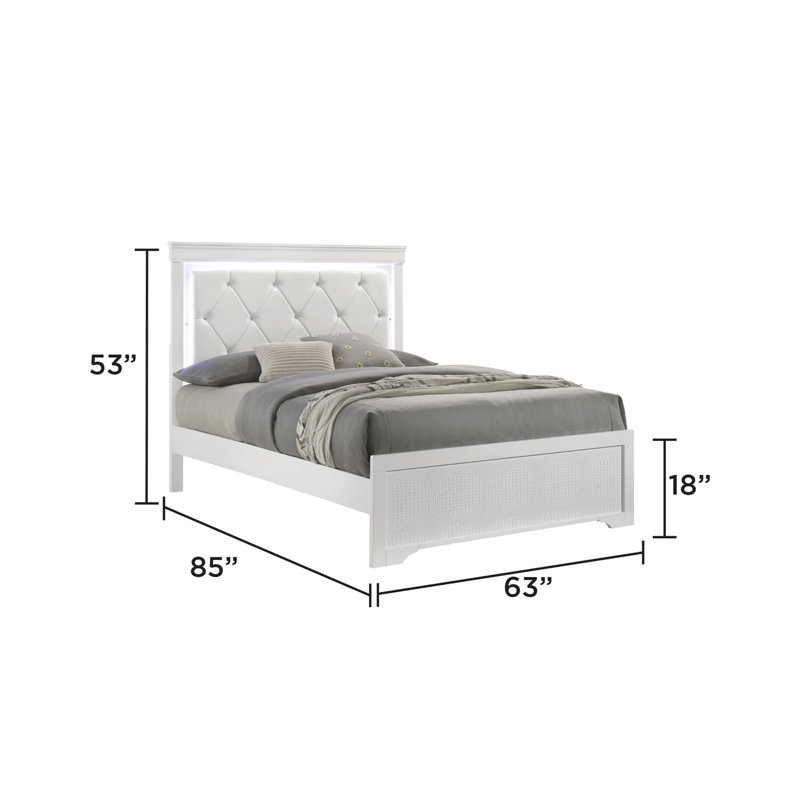 Lit rembourré de style moderne Blaze avec tête de lit à DEL et bois, Blanc, Grand lit