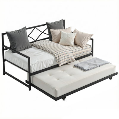 Twin Daybed with Trundle, Metal Sofa Bed with Adjustable Height