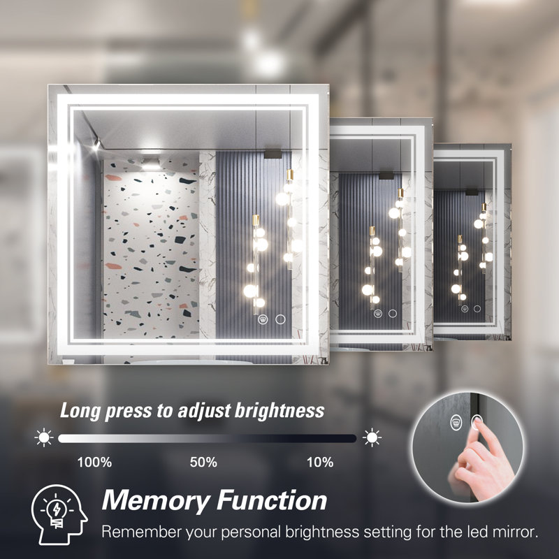 Adorna Frameless LED Lighted Bathroom / Vanity Mirror with Brightness Adjustable, Memory Function, Anti-fog, 36" x 36"