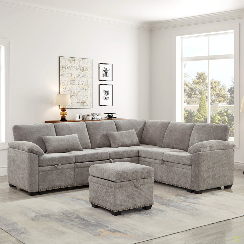 Canapé d'angle modulaire en L 97 po avec siège et repose-pieds de rangement en L 97 po, canapé d'angle en chenille avec 7 sièges et 2 coussins pour le salon