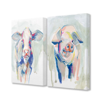 " Colorful Cow and Pig Farm Animal s " 2 Piece Art Mixed Media Painting