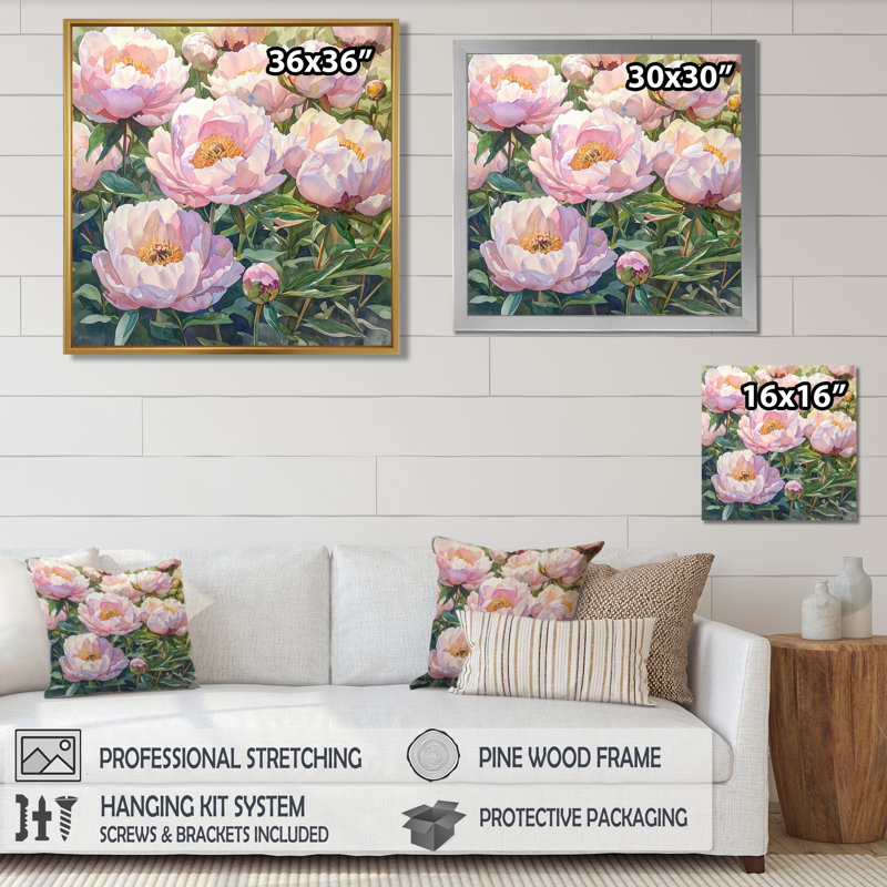 Pivoines dans le jardin de fleurs II - décorations murales pivoines, H 16 po x l 16 po, Impression encadrée flottante, Brun