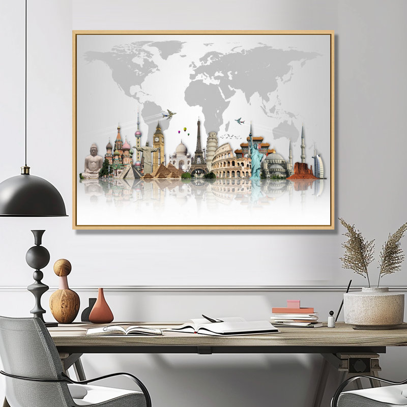 « Famous Monuments Across World », reproduction d'art graphique, H 16 po x l 32 po, Reproduction avec cadre flottant, Érable