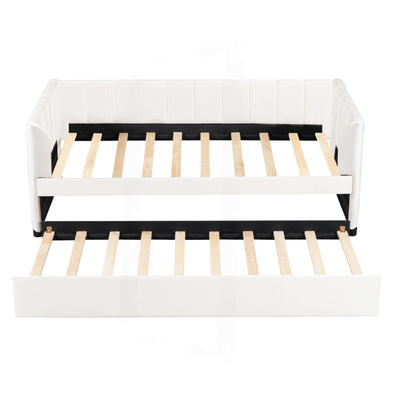 Lit de jour simple rembourré avec dossier ergonomique et gigogne, beige
