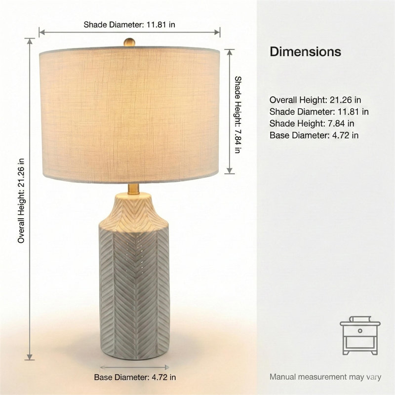 21.26" Textured Ceramic Table Lamp with Linen Drum Shade, Ivory/White with Gold Accent, 60W Max, for Bedroom & Living Room