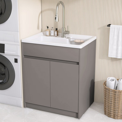 30 Inch Kitchen Sink Laundry Soild Surface Sink With Standing Storage Cabinet Faucet With Large Space,Light Brown