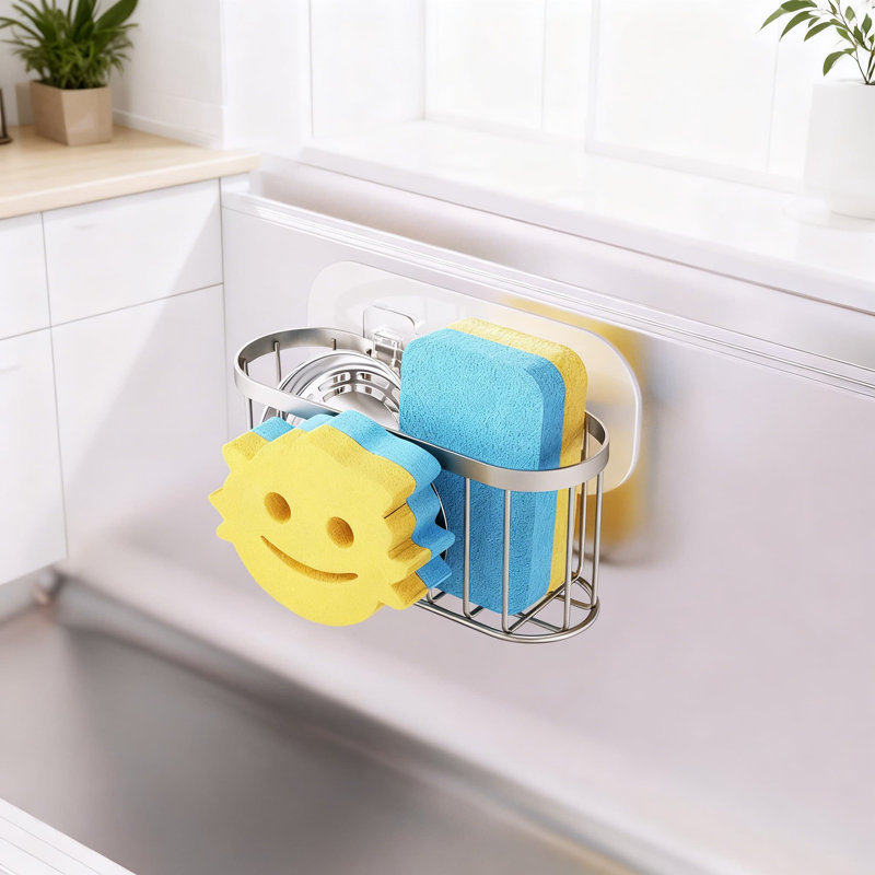 Porte-éponge Smiley Face avec ventouses amovibles et bandes adhésives, organisateur de chariot de cuisine en acier inoxydable pour brosse à savon éponge, résistant à la rouille avec drainage efficace