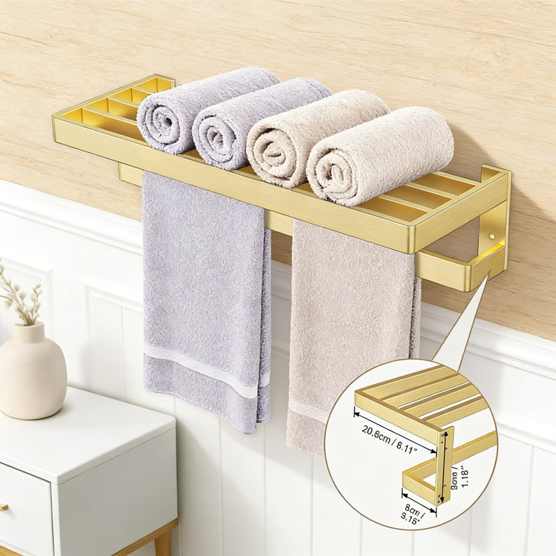Porte-serviettes double avec barre à serviettes, quincaillerie de salle de bain en acier inoxydable doré brossé de 23,6 po et accessoires pour le rangement de salle de bain moderne