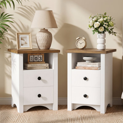 NightStand Set of 2 with 2 Drawers & Open Storage Shelf, Farmhouse End Table Bedside Table for Bedroom Living Room