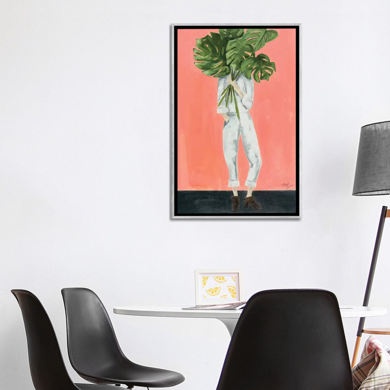 « monstera », peinture, Toile avec cadre argenté, H 48 po x l 32 po x P 1,5 po