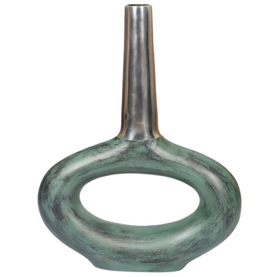 Vase de table décoratif en fonte d'aluminium antique à motif de patine bicolore vert 19,25 pouces