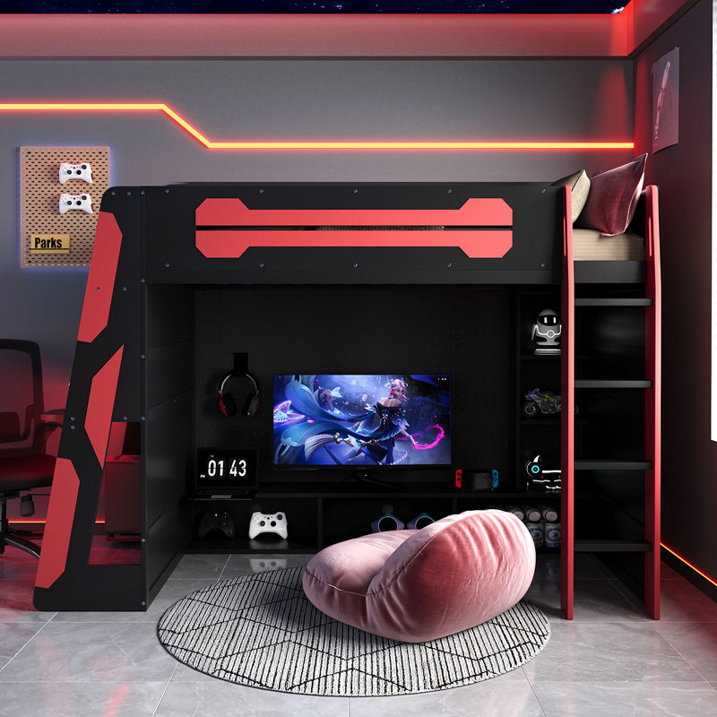 Loft Bed With Built-In Desk And Charging Station, Black/Red, Twin