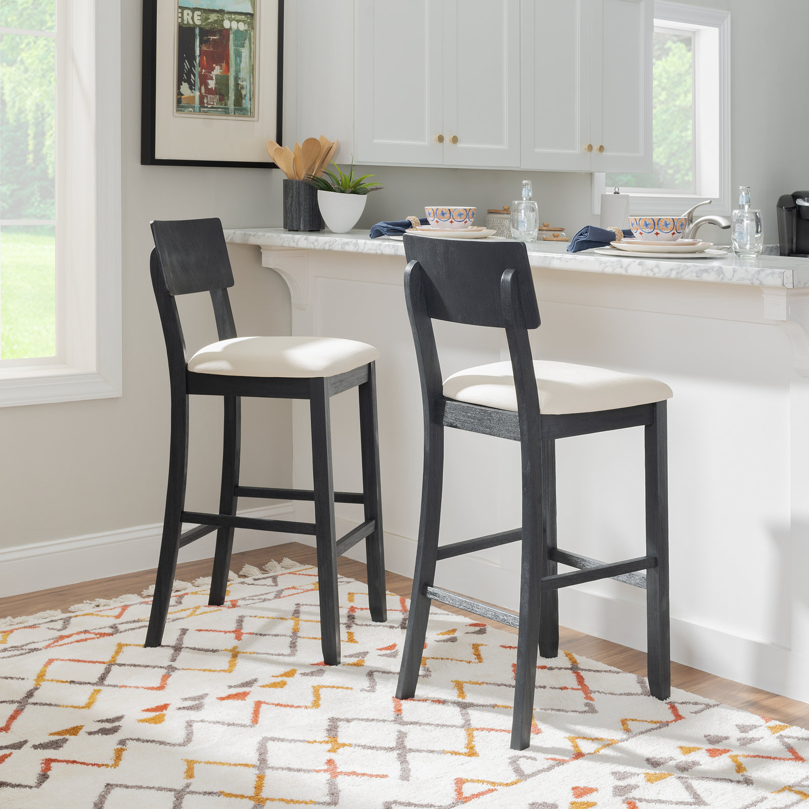 Andelo " Cotton and Linen Bar Stool, Beige Seat/Dark Charcoal Frame, Bar Stool (30" Seat Height)