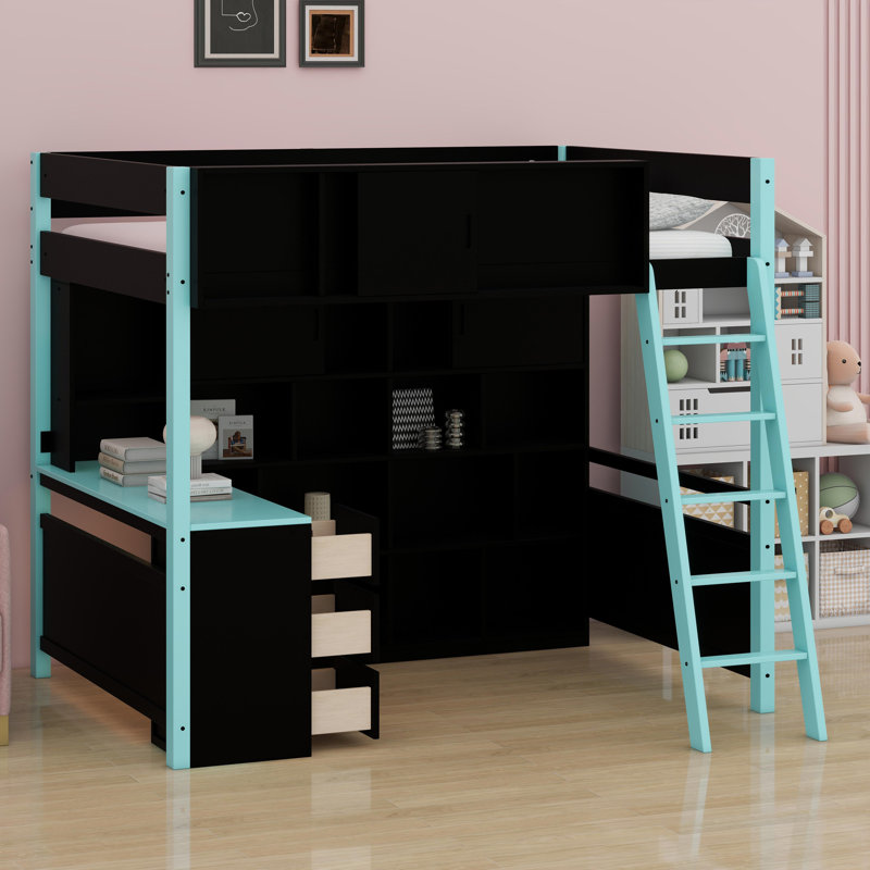Wood Loft Bed With Desk, Blue