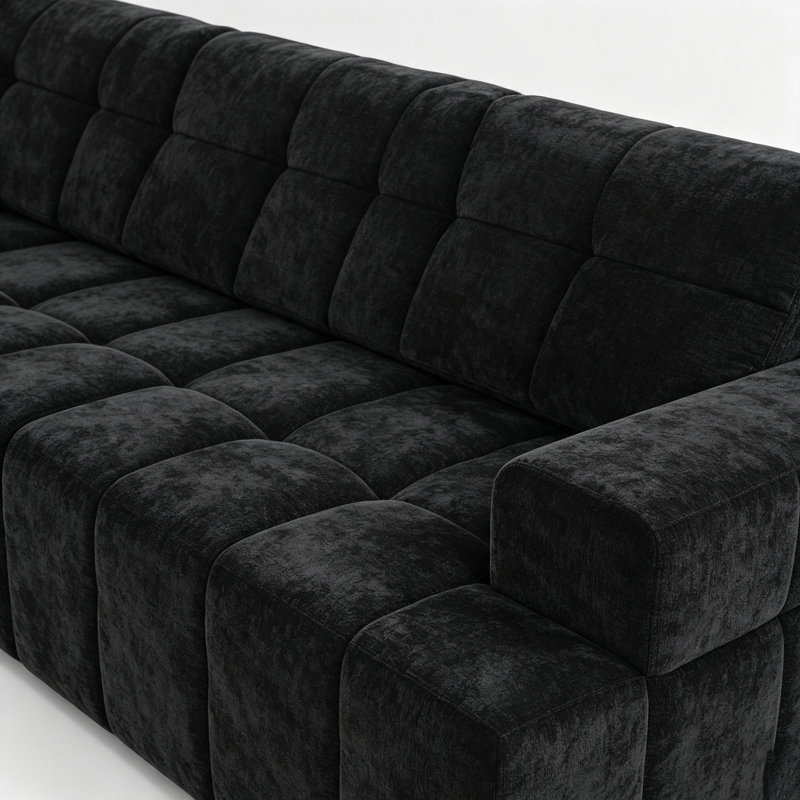Canapé modulaire en L 108 po en chenille noir de 108 po, canapé à compression 4 places avec méridienne gauche, porte-gobelets et poches latérales, canapé rembourré sans assemblage pour salon
