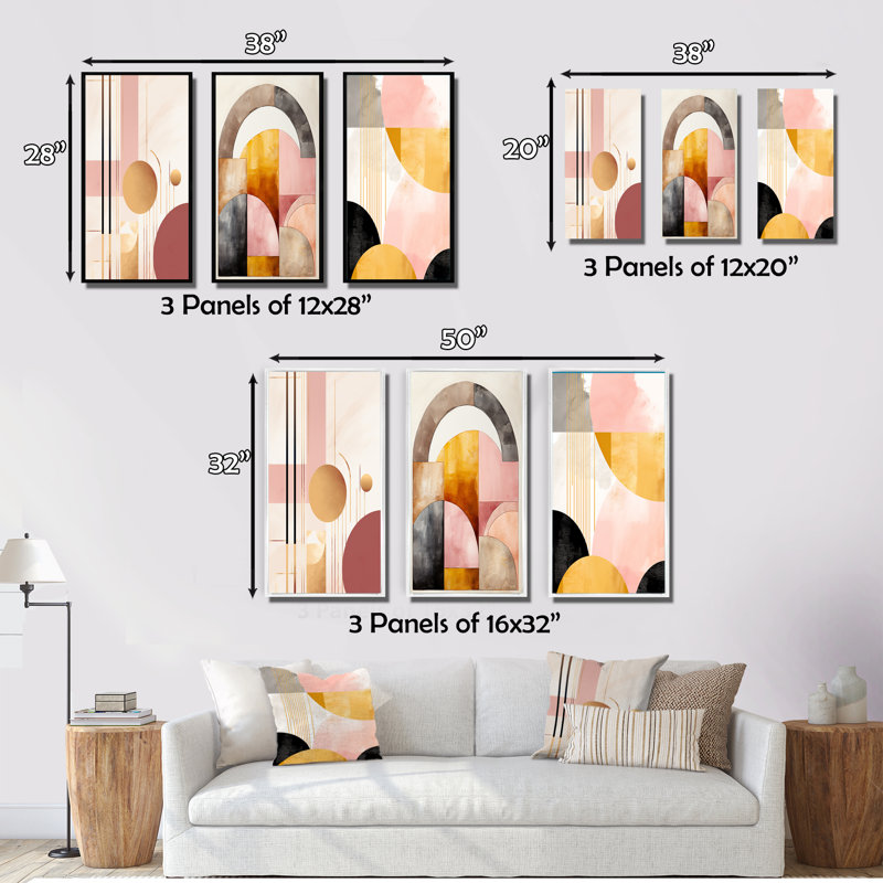 «Art Nouveau Elegance In Retro Pink Gold», 3 pièces sur toile, Cadre flottant noir, H 32 po x l 48 po