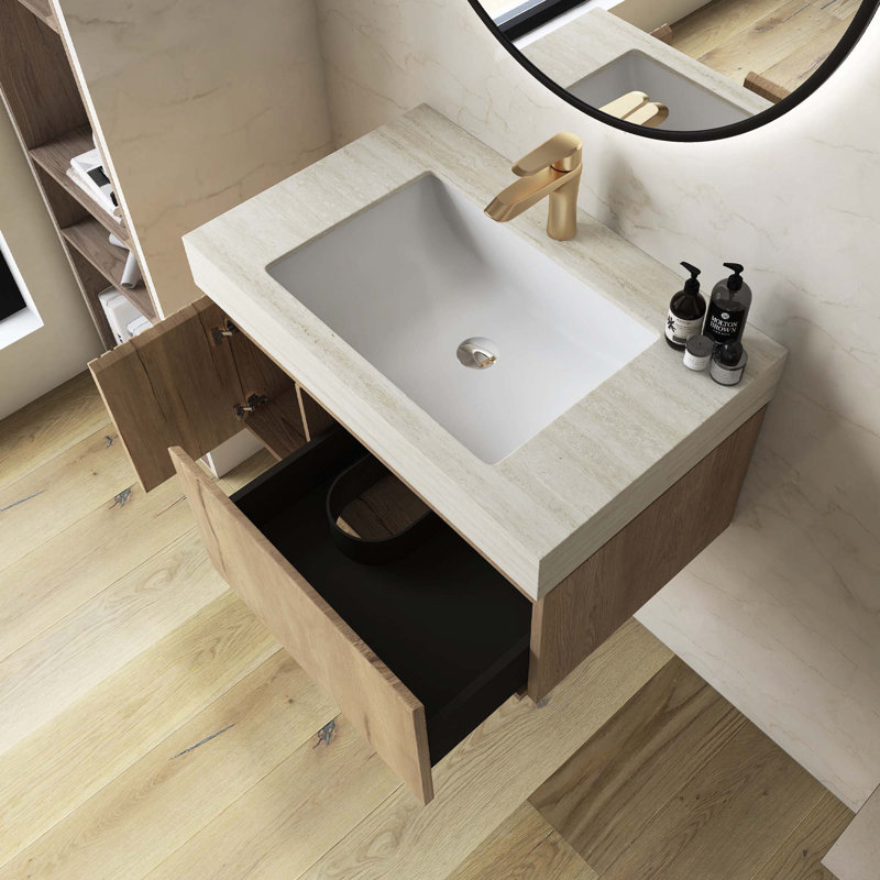 Meuble-lavabo mural pré-assemblé en contreplaqué avec lavabo, tiroir et porte, Beige