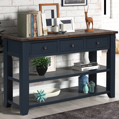 Console bleue 48 po, bois de pin massif, 3 tiroirs et 2 tablettes, fonctionnelle pour le bureau personnel, bois de chambre à coucher - bleu, tiroirs de rangement, couloir