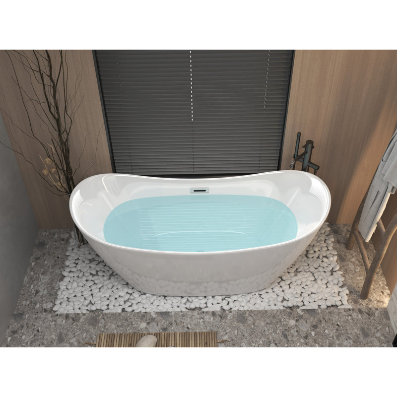 Baignoire en acrylique blanc brillant de 67 pouces, autoportante, ovale, drain central, style contemporain, spacieuse et confortable, drainage efficace pour la salle de bain, autoportants en pouces, forme ovale,