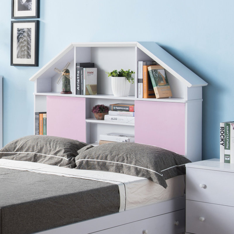 Tête de lit bibliothèque autoportante pleine grandeur avec deux portes coulissantes roses sur roulettes, sept étagères, fini blanc pour un style moderne et élégant - Surface résistante aux rayures