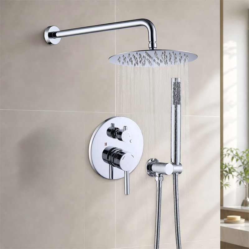 Ensemble de système de douche (mural) avec une douche à effet pluie de 11 pouces de diamètre et une douche à main, fini avec un placage chromé.