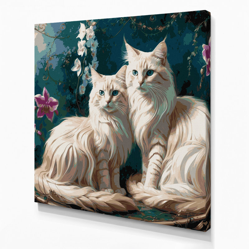 Chats, art balinais sur toile bleu, H 32 po x l 32 po