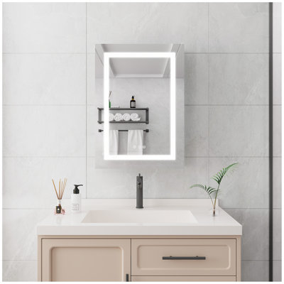 Armoire à pharmacie de salle de bain murale à DEL avec lumières 20 po x 28 po avec miroir, antibuée, imperméable, à intensité variable, 3000 K ~ 6000 K, porte simple, interrupteur tactile, tablettes de rangement