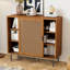 Sideboard, Kitchen Cabinet, Storage Cupboard with Rattan Decorated Doors, with 2 Sliding Barn Doors, 100 x 37 x 90 cm, Adjustable Shelves, Walnut