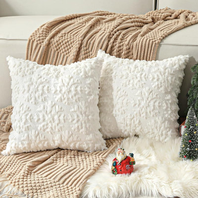 Housse de coussin de Noël 18 x 18, ensemble de 2 housses de coussin en fausse fourrure super douce, velours, broderie de flocons de neige, housse de coussin décoratif pour le canapé du salon, blanc