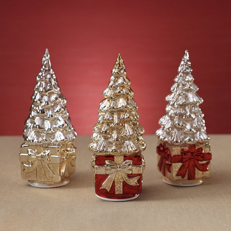 Sapin de Noël rotatif à DEL sur présentoir de table, Gold on Red w/ Gold Ribbon