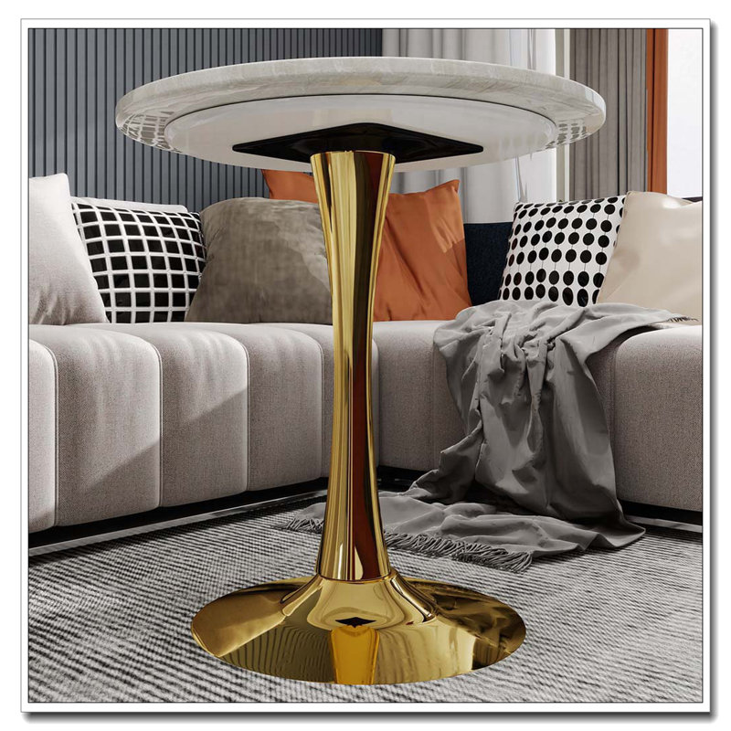 Wood Round Dining Table With Pedestal Base,Coffee Table, White Marble, Gold
