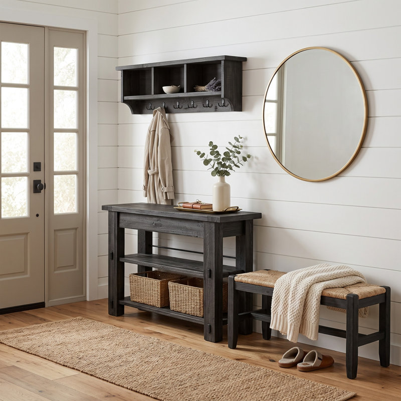 Ensemble d'entrée de style ferme 3 pièces avec banc d'entrée en jonc de mer, table et porte-manteau mural, noir