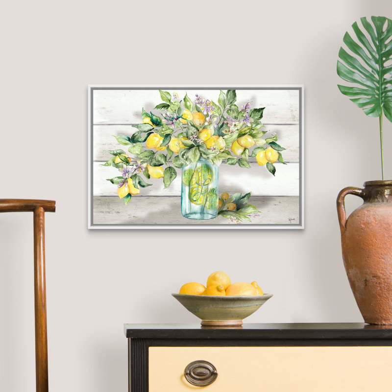 «Watercolor Lemons in Mason Jar Landscape» par Tre Sorelle Studios - reproduction sur toile, Toile avec cadre photo, Blanc