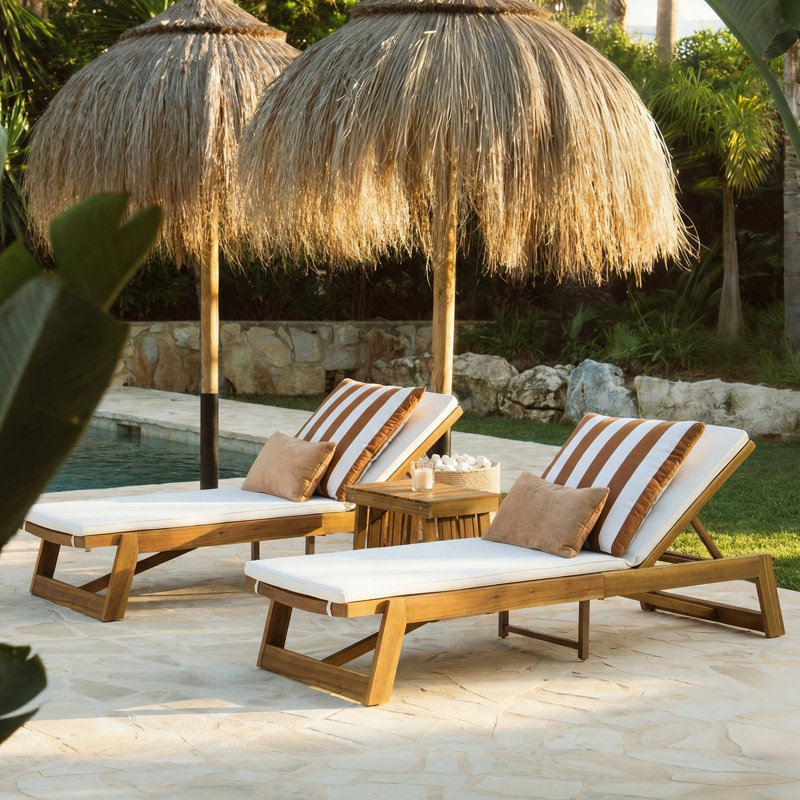 Chaise longue inclinable 78,75 po en acacia avec coussins et table, Crème