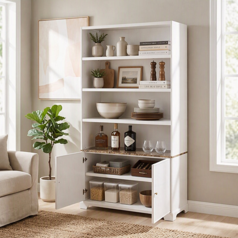 Grande armoire de rangement avec portes cannelées et plateau en faux marbre, Walnut