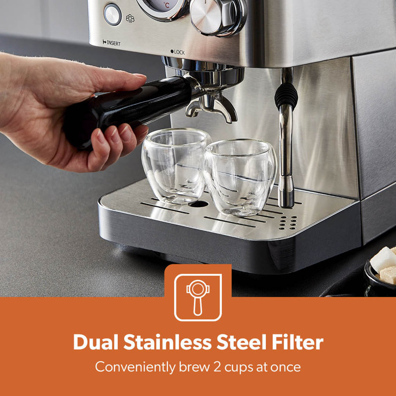 Geepas Espresso & Cappuccino Coffee Machine Milk Frother, 15 Bar Pressure- 1.8L Water Tank, 1140W - Silver