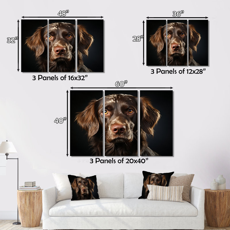 Portrait de chien II sur toile, 3 pièces, H 32 po x l 48 po