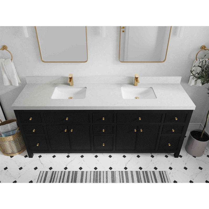 Ensemble de meuble-lavabo double 84 po, Noir, Quartz de Carrare