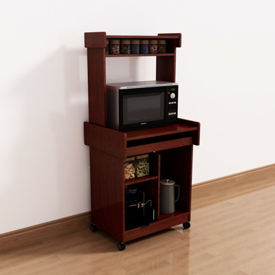 Mobile Microwave Cart Coffee Desk With Locking , , Gliding Shelf And Basket Station For Plate Storage