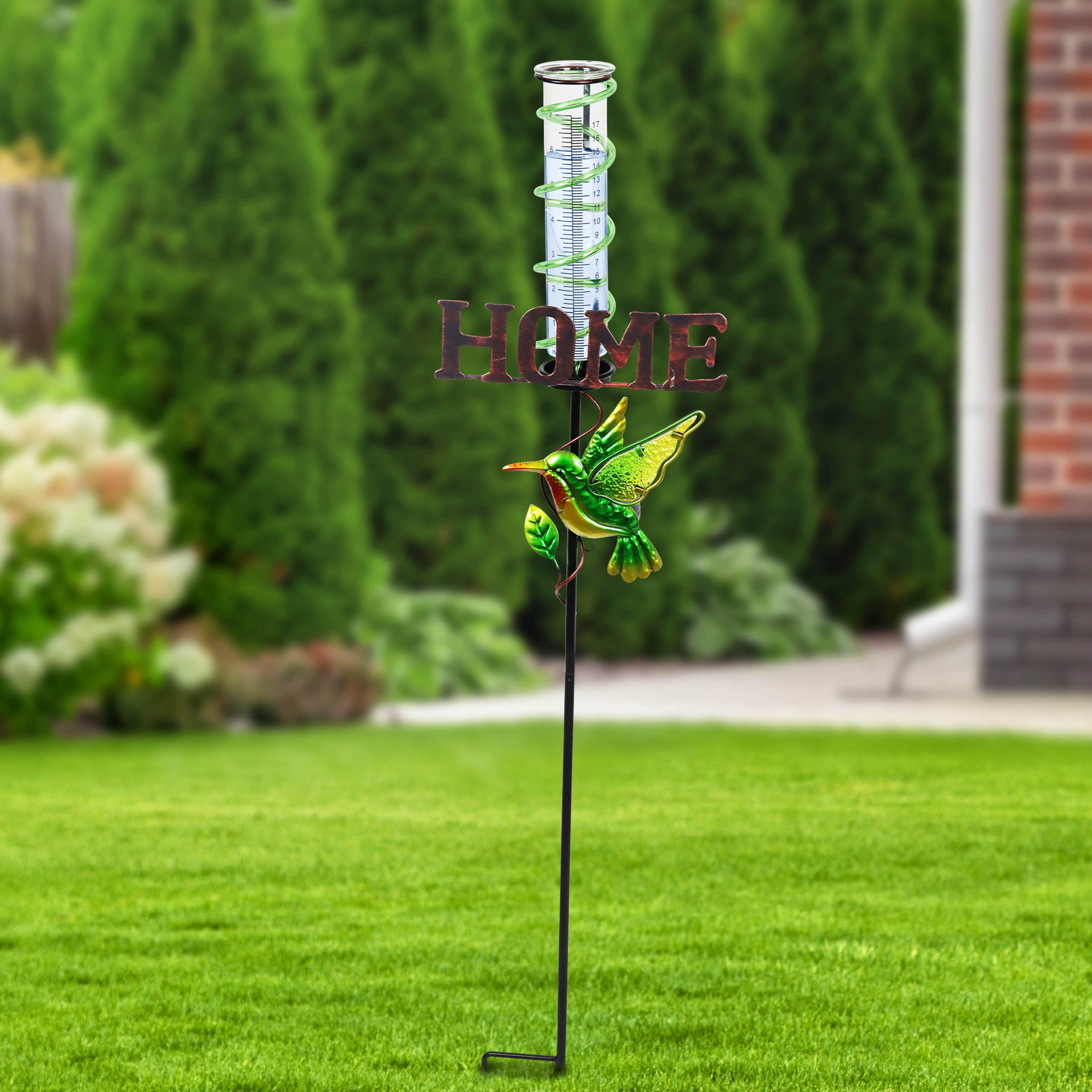 Exhart Solar Hummingbird Rain Gauge Garden Stake Reads HOME 12.5