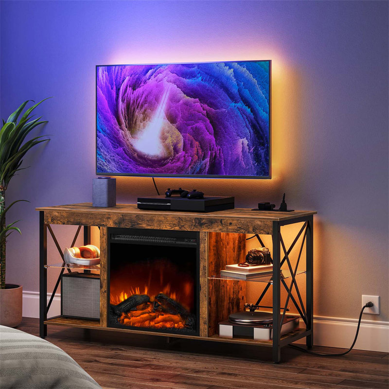 Rustic Brown Electric Fireplace TV Stand with Glass Shelves