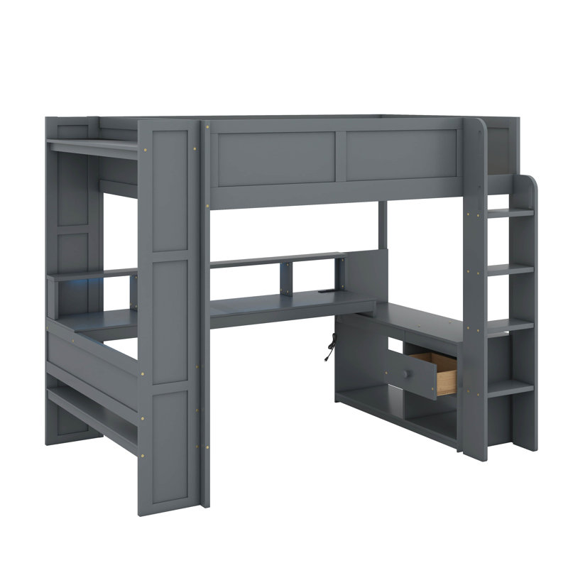 Lit mezzanine en bois avec bureau, tablettes de rangement, éclairage à DEL et station de charge intégrée, Double