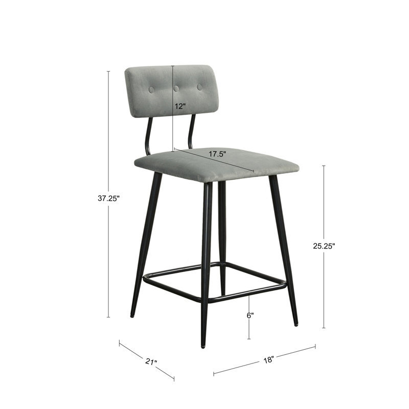 Henrick 25" Matte Black Metal Frame Counter Stool with Tufted Grey Cushion